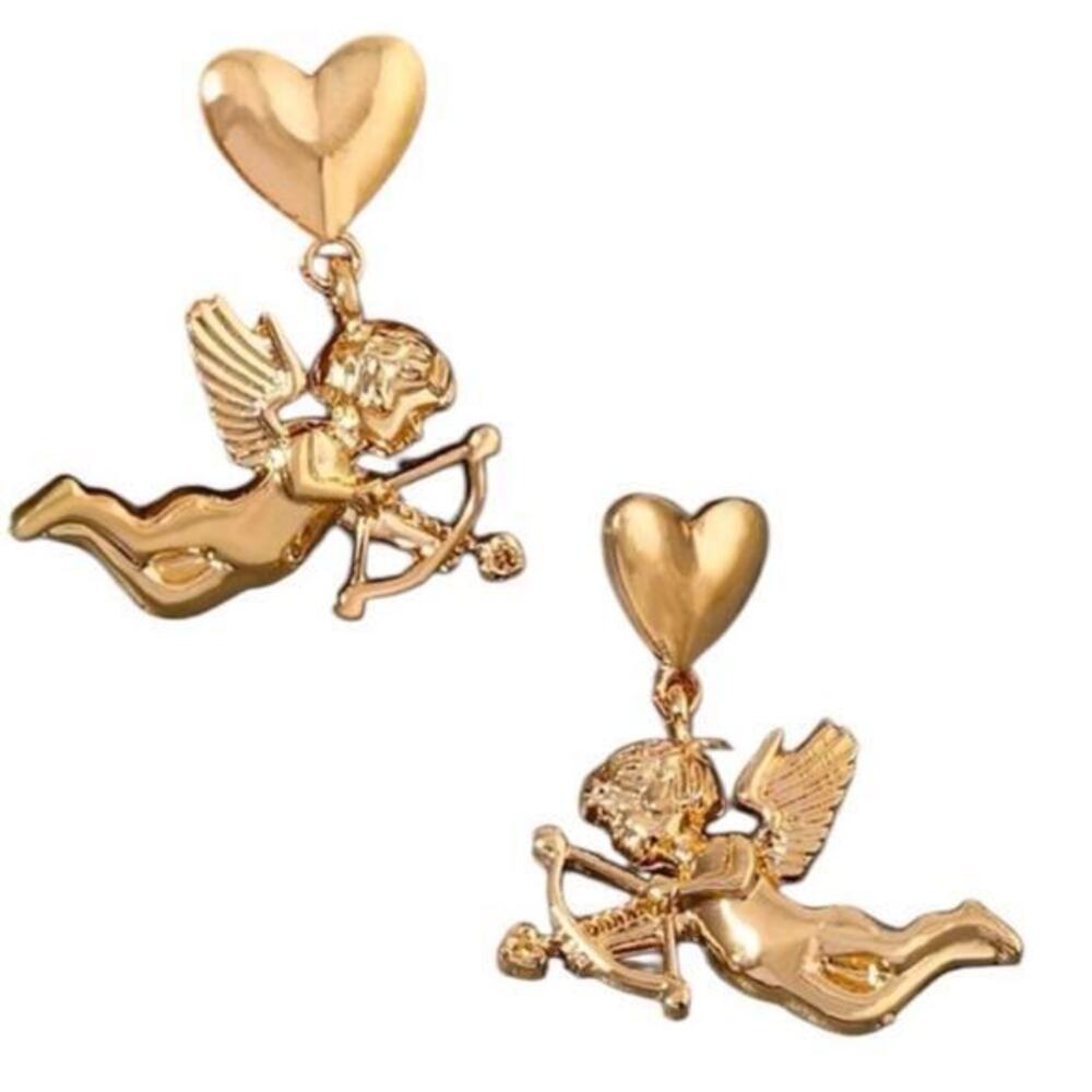 Vintage Style Cupid Gold Overlay Heart Drop Dangle Earrings